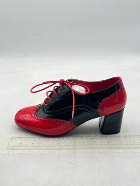 Black/Red Women's Oxford Shoes Round Toe Lace-up Wingtip Chunky Heel Pumps